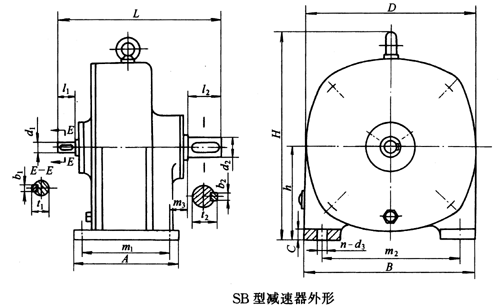 SB系列雙擺線針輪減速機外形及安裝尺寸、針齒中心圓直徑及傳動比